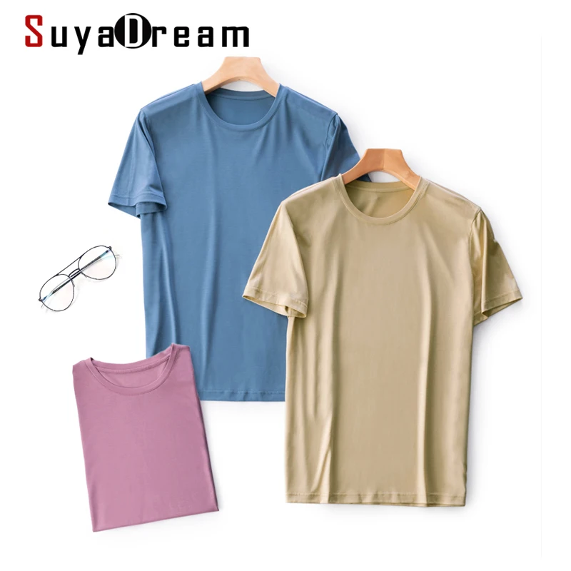SuyaDream Mens Kietas T shirts Šilko Mišinys Paprasto V kaklo Trumpas Rankovėmis Marškinėliai 2021 M. Vasarą Pagrindinio Viršų