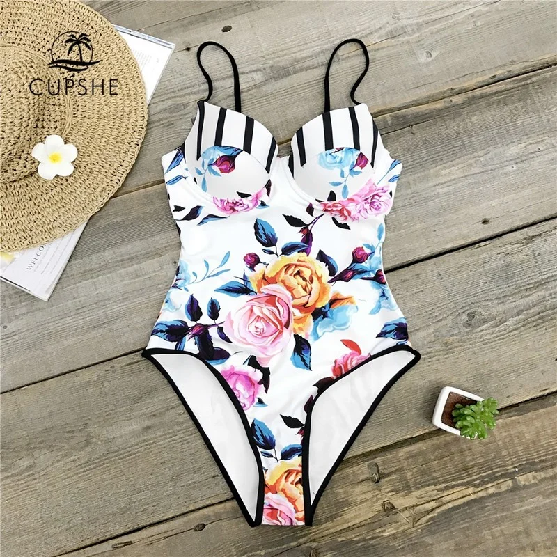 CUPSHE Gėlių Spausdinti vientisas maudymosi kostiumėlis Moterims Reguliuojamas Push Up Širdies, Kaklo Monokini 2021 Seksualus Paplūdimio Maudymosi Kostiumai, Maudymosi