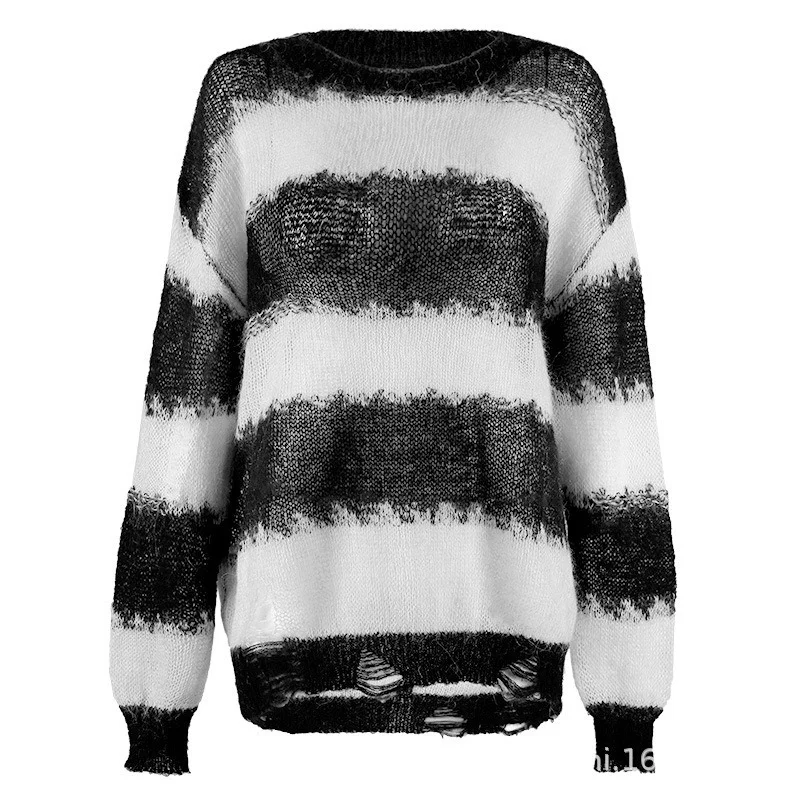 Moteris Megztiniai Juoda Balta Dryžuotas Skylę Mezgimo Negabaritinių Megztinis Džemperis Mados Skaidrus Moheros Vintage Megztinis Rudenį 2021