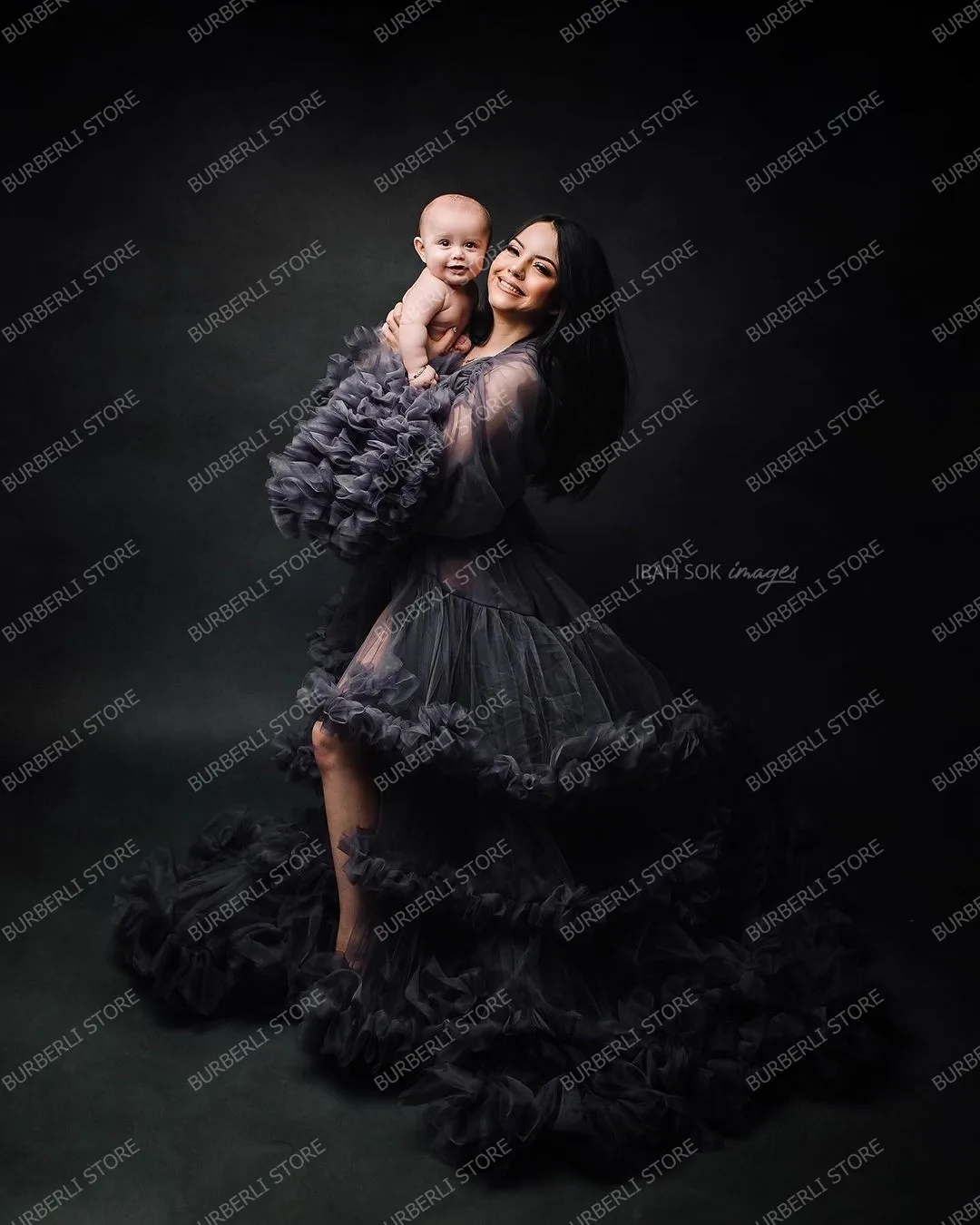 Unikalus Tamsiai Pilkos Spalvos, Skirtingų Tiulio Motinystės Dreses Į Fotosesiją Pamatyti Per Blyksnius Rankovėmis Nėščių Moterų Suknelė, Ilgas Mantijas Baby Shower