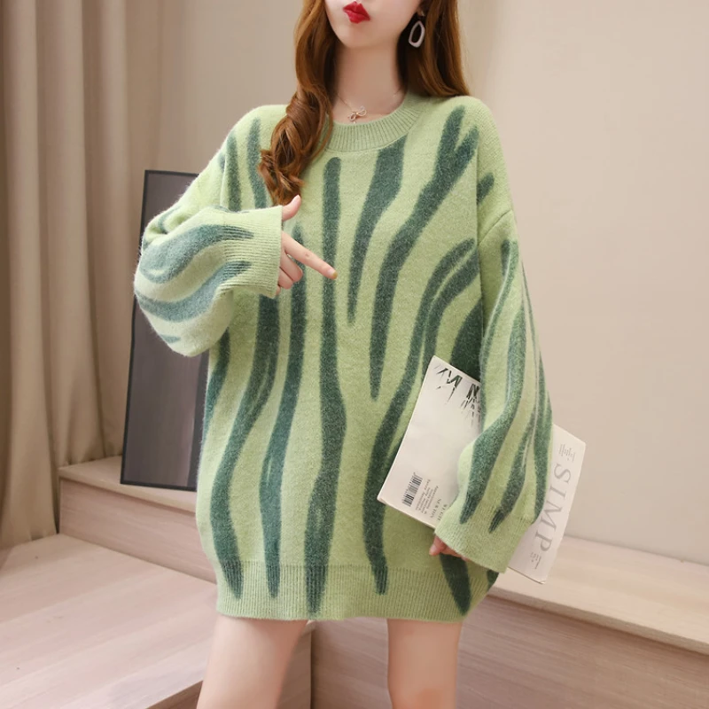 Korėjos Mados Moterų Purus Megzti Megztinis Rudenį, Žiemą Spausdinti Tingus Megztiniai Negabaritinių Megztinis Puloveriai Jersey Mujer