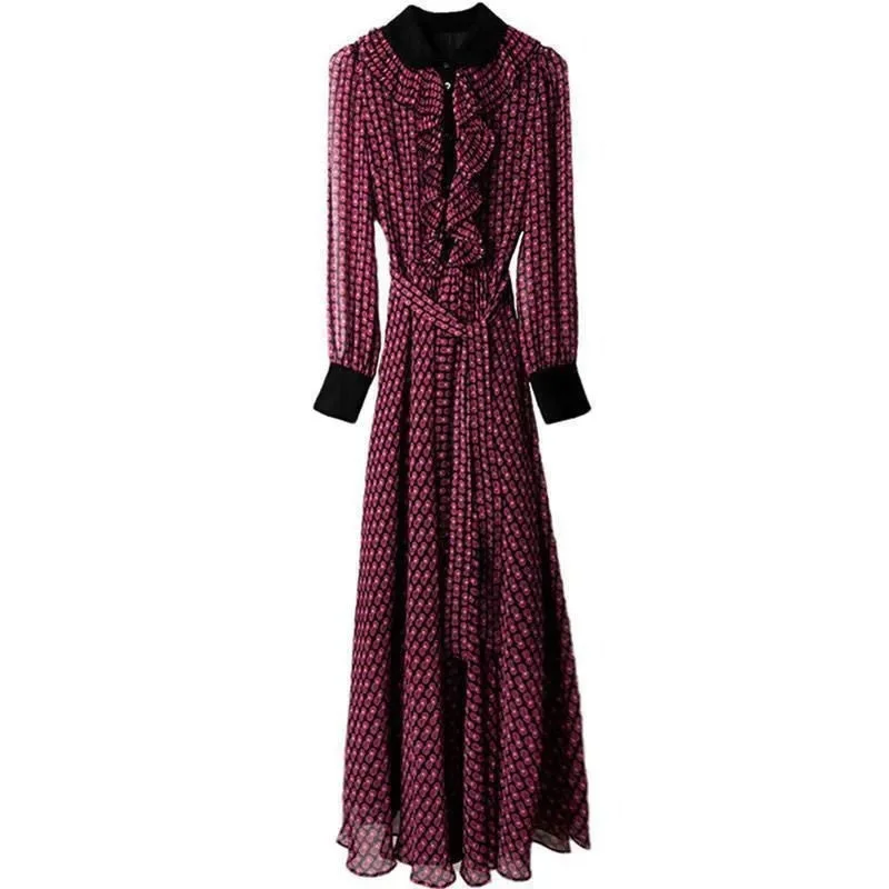 2021 m. Pavasarį, Rudenį Naujų Peter Pan Apykaklės ilgomis rankovėmis-line Spausdinimo Vintage Suknelė Šalis Maxi Suknelės Moterims Vestidos Y418