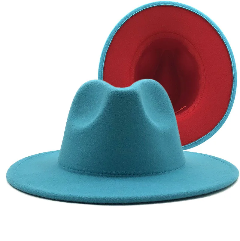 Naujas Išorinis Ežero mėlyna Vidinis raudonos Vilnos Veltinio Džiazo Fedora Skrybėlės su Plonu Diržo Sagtis Vyrai Moterys Masto Kraštų Panama Trilby Bžūp 56-60CM