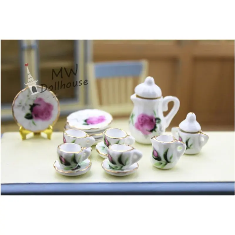 1:12 Masto Lėlės Namas Stalo Miniatiūriniai Baldai 17 VNT Violetinė Gėlė Kinija Lėlės Keramikos Arbatos Rinkiniai