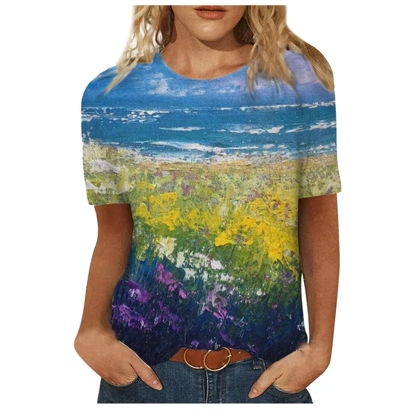 Moterų 3D Kraštovaizdžio Tapybos Padėties nustatymo Saulėgrąžų Print T Shirt 2021 Naujas Vasaros Derliaus Atsitiktinis Trumpas Rankovės O-Kaklo Plius Dydis Viršų