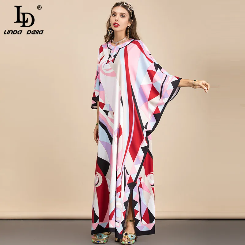 LD LINDA DELLA 2021 m. Vasarą Dizaineris Prarasti Maxi Suknelė Moterims Batwing Rankovės Diržo Geometriją Spausdinimo Bohemijos Ilgas Šalis Suknelė skraiste