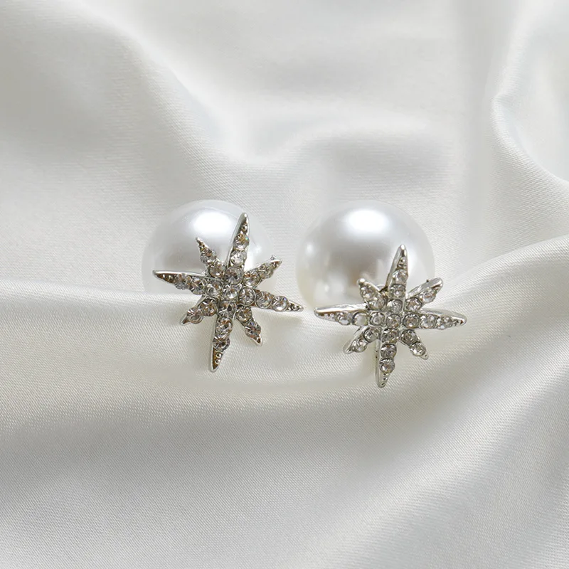 Pietų Korėja visą diamond star pearl prabanga snaigės dvipusis auskarai moteris
