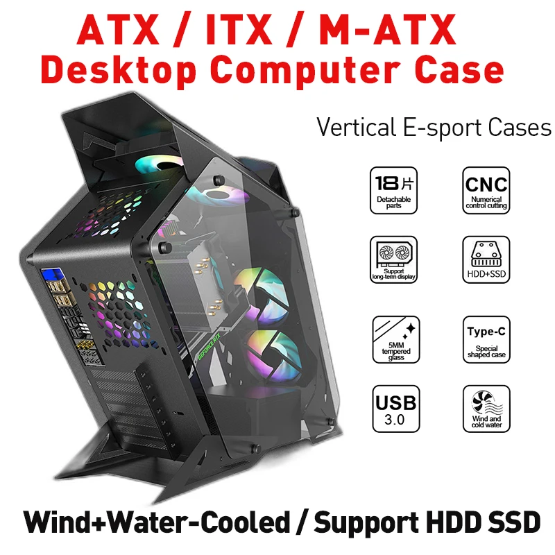 ATX/ITX/M-ATX Desktop Kompiuteris Atveju, Vertikalios Vėjo/Vandens Aušinamas Grūdintas Stiklas USB 3.0 KOMPIUTERIO Kompiuterinių Žaidimų E-sporto Atvejais