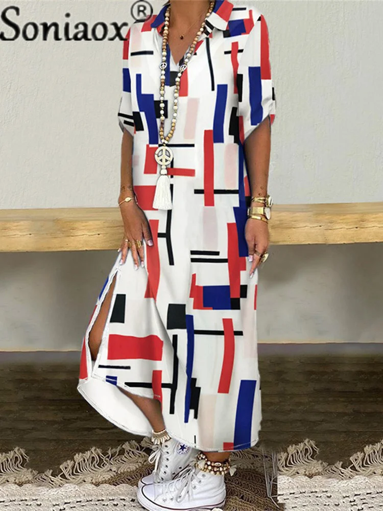 2021 Vasaros Moterų Mados Geometrijos Laiškas Išspausdintas Maxi Suknelės Ponios Trumpas Rankovės Turn-Žemyn Apykaklės Prarasti Sundress Šalis Suknelė