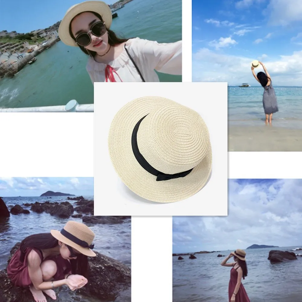 Moterų Paplūdimio Skrybėlę Iki Jūros, Madingi Atostogų Moterų Atsitiktinis Plokščių Kraštų Bowknot Lady Pėsčiųjų Bžūp Merginos Šiaudų Skrybėlę, Skydelis nuo Saulės, Skrybėlę