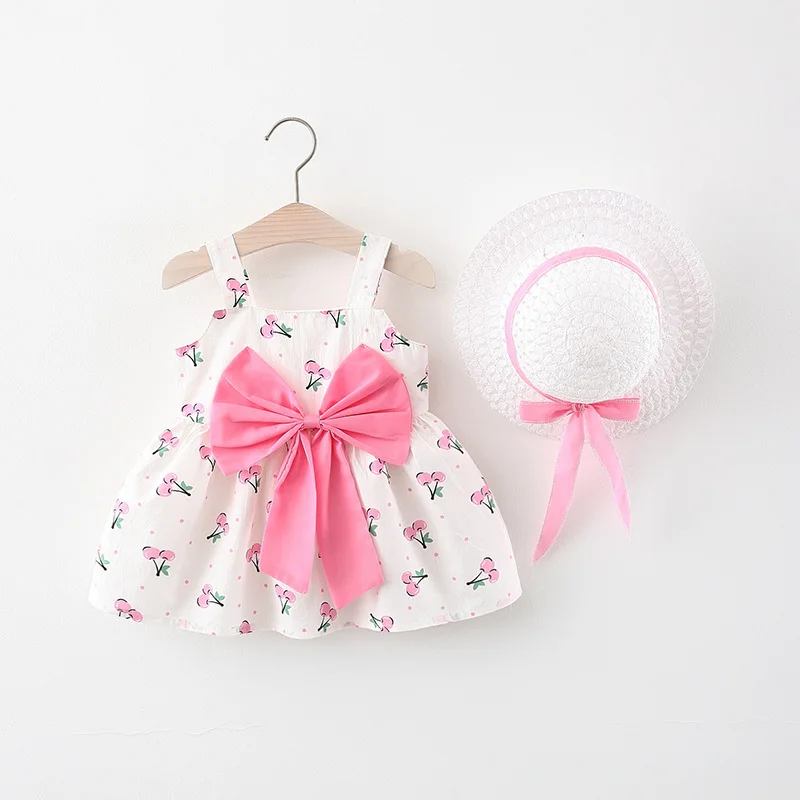 2021 Karšto Pardavimo Baby Girl Dress Vaikai Suknelės Mergaitėms 2vnt Rinkiniai Lankas Vyšnių Spausdinimo Dirželis Mergaičių Suknelė+hat Sweet Baby Drabužius 0-3Y