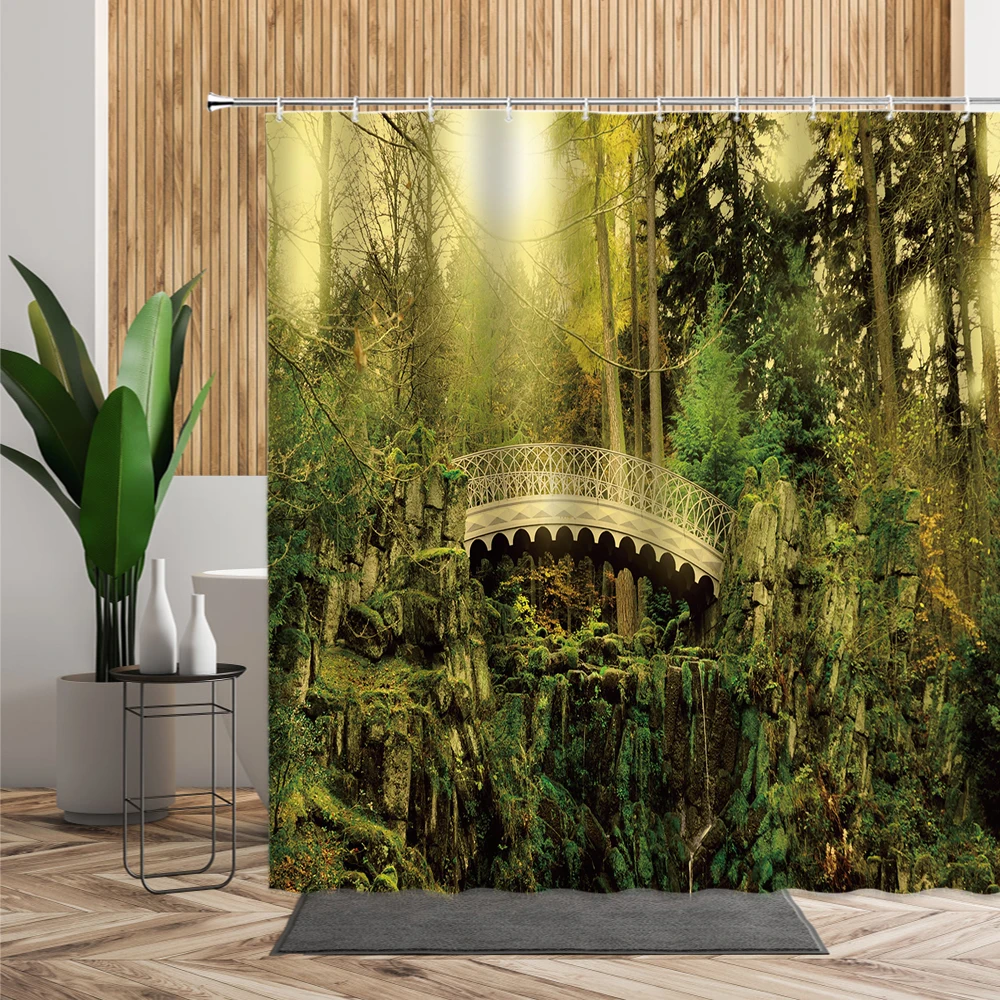 3DTropical Atogrąžų Miškų Dušo Užuolaidos Miškai Koridoriaus Krioklys Pilis Gėlės Vandeniui Vonios kambarys Ekrano Poliesterio Audinio