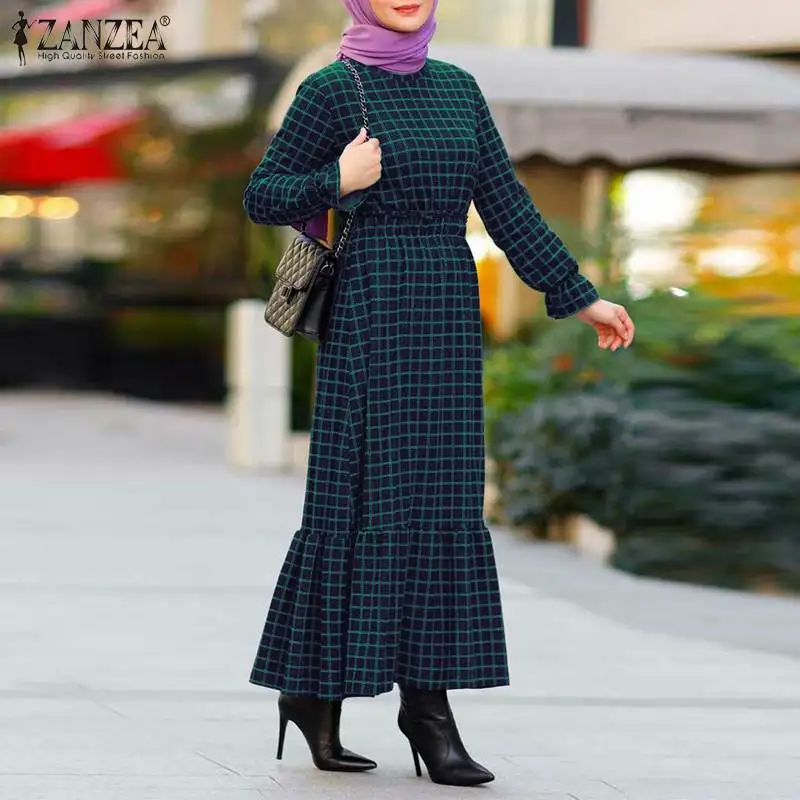 Moteriški Elegantiški Musulmonų Turkija Hijab Dubajus Abaja ZANZEA Retro Pledas Patikrinti, Ilga Suknelė Atsitiktinis OLIS Mados Pynimas Vestido Negabaritinių