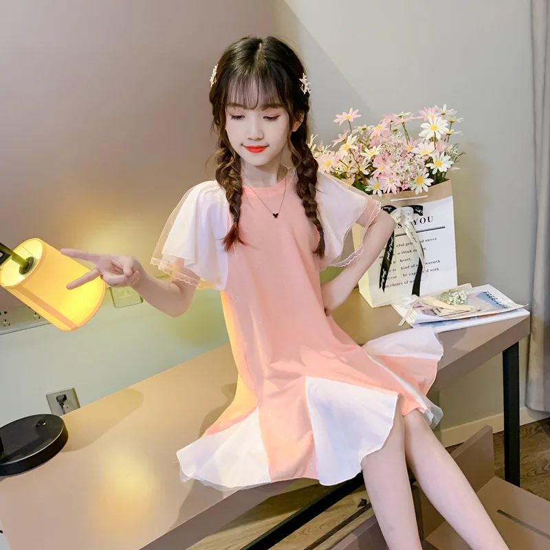 Vaikų Vasaros Suknelės Prarasti Nėrinių Trumpas Rankovės O-Kaklo Šifono Princesė Dress Korėjos Stiliaus Susiėmę Kratinys Atsitiktinis Mergaitės Suknelė
