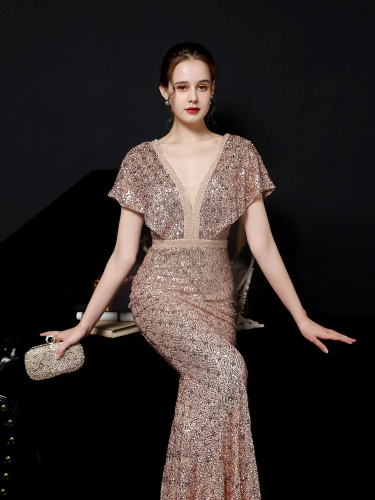 YIDINGZS Moterų Aukso China Suknelė V Kaklo Zawalcowany Šalies Maxi Suknelė Elegantiškas vakarinę Suknelę 2021