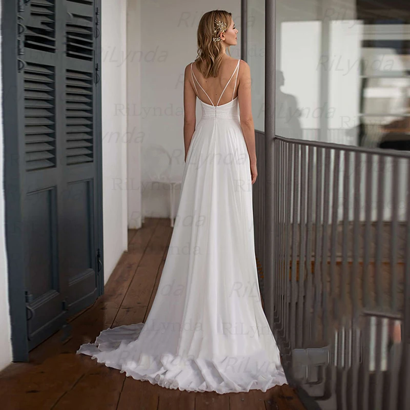 Šifono Vestuvinė Suknelė, Elegantiška Linija, V Kaklo Long Beach Nuotakos Suknelė 2021 Chalatas De Mariee