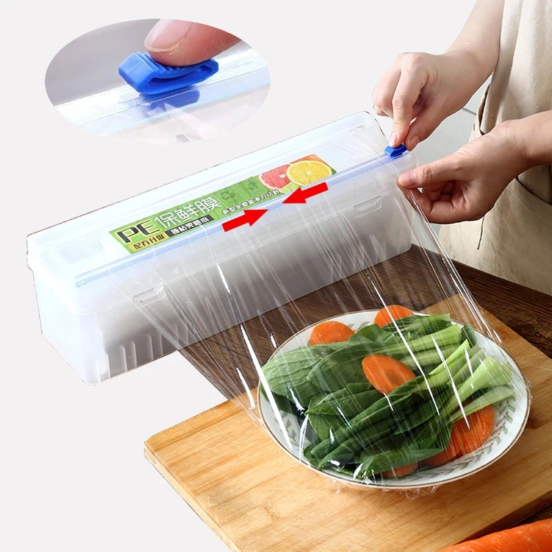 Plastikinių Maisto Wrap Balionėlis Su Skaidrių Pjovimo Aukščio Kabintis Kino Cutter Virtuvės Išsaugojimo Folija Talpinimo Siurbimo Apačioje