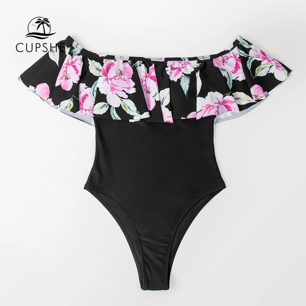 CUPSHE nuo Peties Susiėmę vientisas Seksualus maudymosi kostiumėlį Juodos spalvos Gėlių Moterų Monokini 2021 Naujas Merginų Paplūdimio Maudymosi Kostiumai, maudymosi Kostiumėliai,