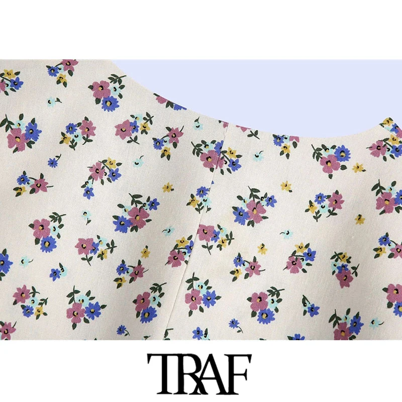 TRAF Moterų Saldus Mados Gėlių Spausdinti Apkarpytos Lino Palaidinės Senovinių Kvadratinių Apykaklę, Trumpas Rankovės Moterų Marškiniai, Elegantiškos Viršūnės