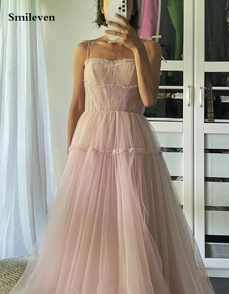 Smileven Blush Pink Spageti Dirželis Longo Prom Dresses Grindų Ilgis-Line Šalis Suknelės, Uždusęs Tiulio Elegantiškas Oficialų Suknelė
