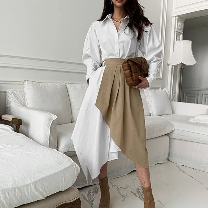 Korėjos Stilingų Moterų Nereguliarus Marškinėliai Suknelė Prancūzijos Elegantiškas Ilgomis Rankovėmis Moteriška Plisuotos Suknelė 2021 Naują Pavasario 2 Vnt Office Suknelė