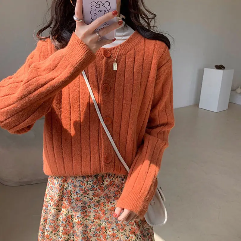 Moterų Megztiniai Mados Orange Prarasti Atsitiktinis Studentas O-Kaklo Trikotažas Harajuku Elegantiškas Moteris Mygtuką, Susagstomi Megztiniai Megztinis