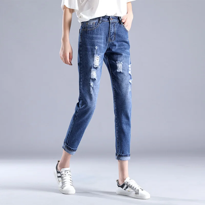 Mados Didelio dydžio moteriški džinsai devynių kelnes 2019 m. pavasario ir vasaros aukšto juosmens skylę Mėlyna 3XL moterų elastinės kojų kelnės 115#