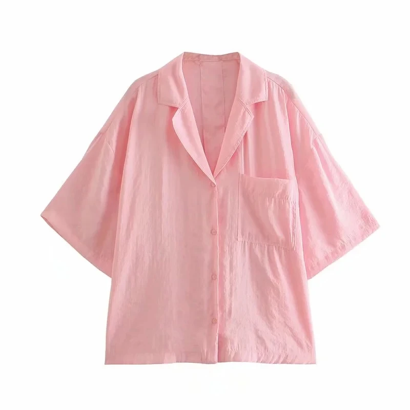 TRAF Za 2021 Balti Marškiniai Negabaritinių Moteris Rožinės spalvos Ilgi Marškinėliai Moterims trumpomis Rankovėmis Mygtuką Iki Palaidinės Moterų Atsitiktinis Pritvirtinti Vasarą Viršų