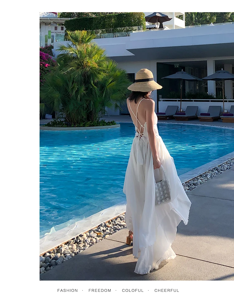 White Beach Maxi Suknelė be Rankovių Vasaros Naujasis prancūzijos Plisuotos seksualus Backless Kryžiaus Tvarstis Nereguliarus Prarasti Elegantiškas Šalis suknelė