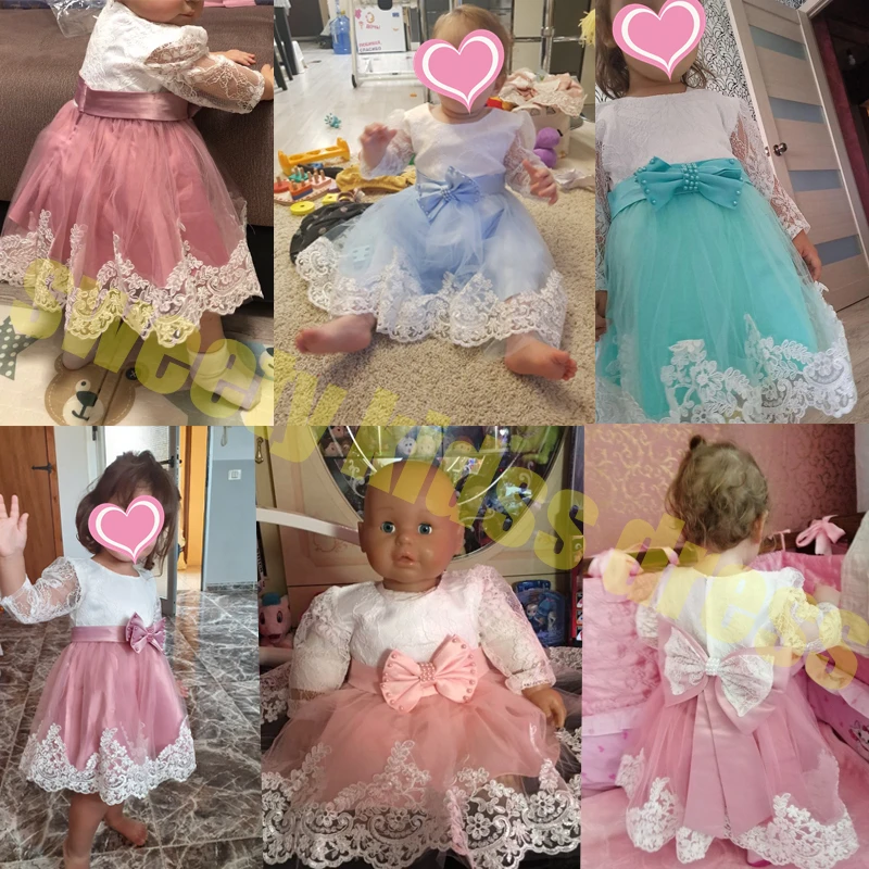 Naujagimio ilgomis Rankovėmis Baby Girl Suknelės, Šaliai, Vestuvių Mergina Nėrinių Didelis Lankas Suknelės Kūdikiams Mergina 1-asis Gimtadienis Princesė Krikšto Suknelė