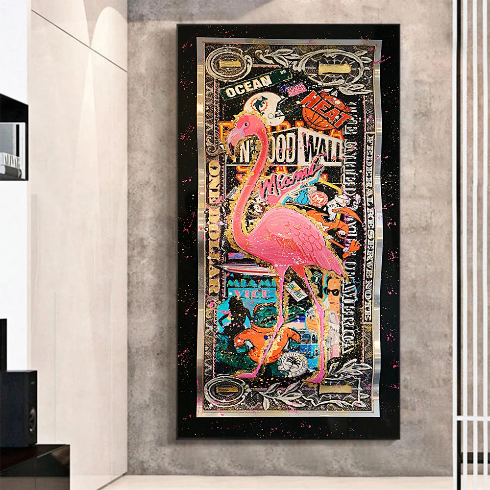 Grafiti Flamingo Dėl Aukso Doleris Abstraktaus Meno Spausdina Pinigus, Nuotrauką, Ant Drobės, Sienų Tapyba Plakatai Kambarį Apdaila