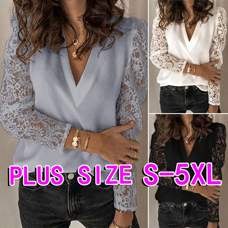 Plus Size 5XL Ponios Palaidinė 2020 Naujas ažūrinės figūrinių Nėrinių ilgomis rankovėmis Atsitiktinis Marškinėliai Kieto Spalvų Seksualus V-kaklo moteriški Marškinėliai