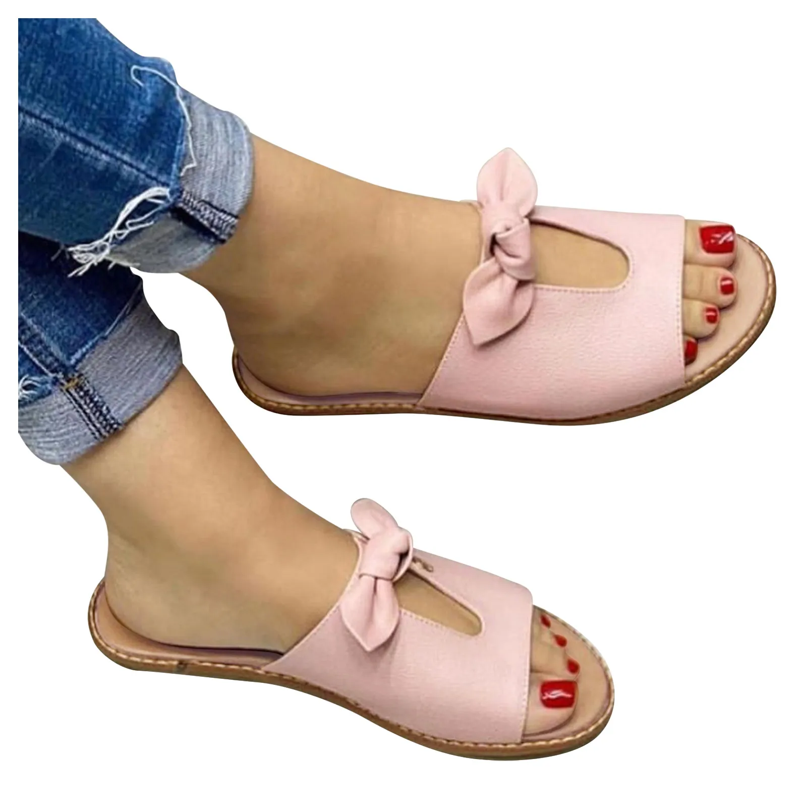 Sandalai Moterims 2021 Butas Bowknot Tuščiaviduriai Peep Toe Paslysti Ant Šlepetės Paplūdimio Bateliai Panele Laisvalaikio Bateliai Basutės Moterų Sandalai