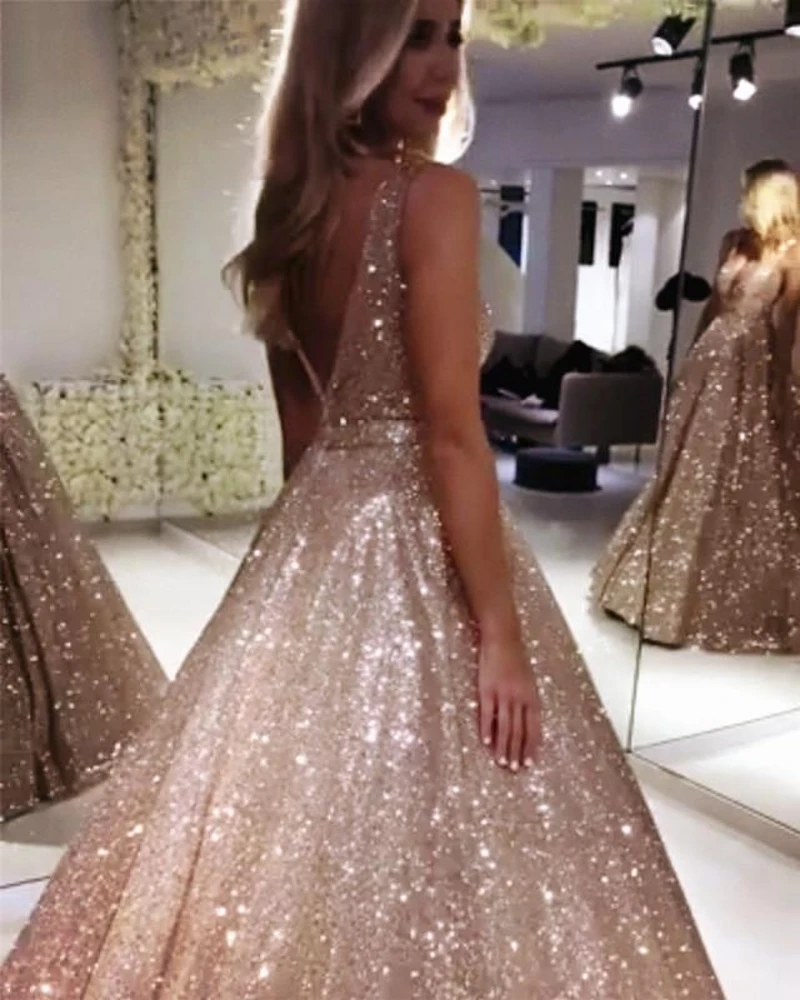Spalvingas Rožinė Aukso Blizgučiais Prom Dresses 2021 Sparkle China Kamuolys Suknelė Vakarinę Suknelę Backless Abiye Šalis Suknelė Chalatas De Soiree