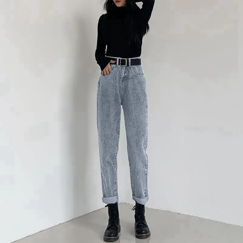 Streetwear 2021 Mados Korėjos Derliaus Rudenį Aukšto Juosmens Džinsai Moterims Džinsinio Audinio Kelnės Džinsinio Audinio Kelnės Pieštuku Pavasario Ruožas Elastinga