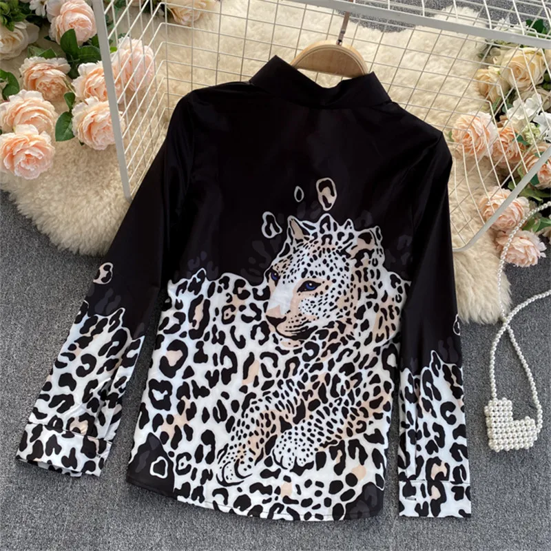 Juodos spalvos Šifono Marškinėliai Moterims ilgomis Rankovėmis Atvartas Mados Leopardas Spausdinti Marškinėliai Pavasario Laisvi Moteriški viršūnes ir Palaidinės 2021 Naujas