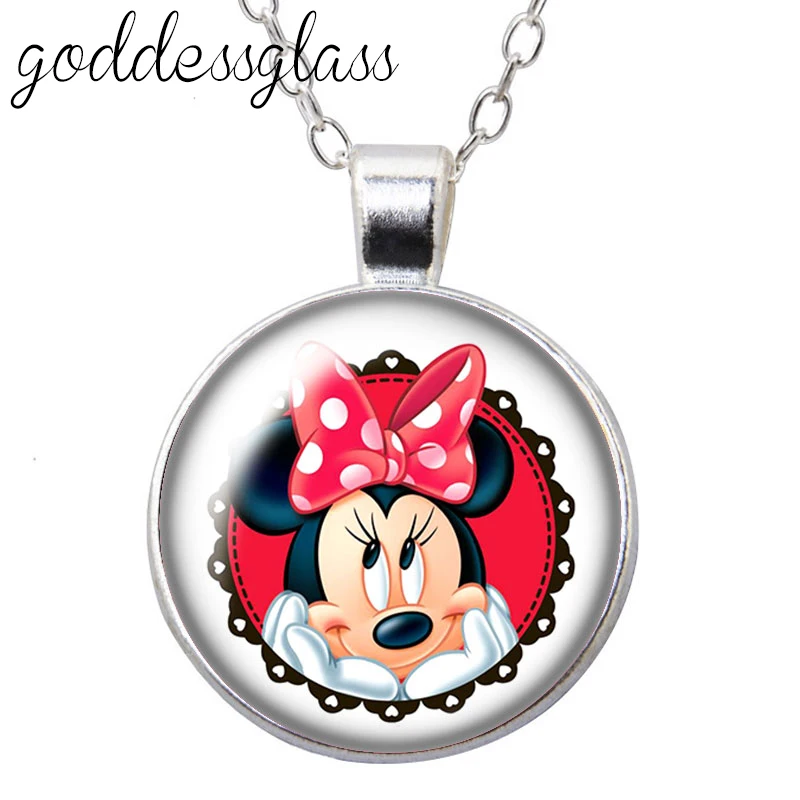 Disney Mielas Minnie Mouse Mergaitės dovana, Apvalus Stiklas cabochon sidabro padengtą/Kristalo pakabukas karoliai, papuošalai, Dovana
