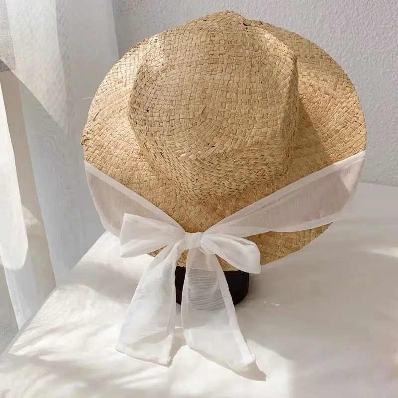 Vasaros Šiaudų Skrybėlę, Sun, Paplūdimys Skrybėlės, Kepuraitės Moterų dizaineris Panamos skrybėlė lankas-mazgas Platus Kraštų Skrybėlę 2021 elegantiškas dangtelis Apvalus Viršuje gorras