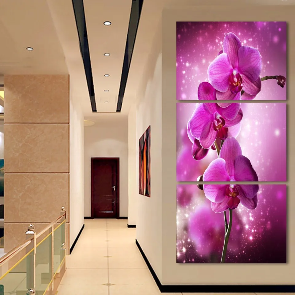 Diamond tapybos Gyvenimo Kambario Sienos Meno 3 Gabalus Drugys Orchidėjų Žiedų Pilna deimantų, siuvinėjimo violetinė Phalaenopsis Triptiką Dekoras
