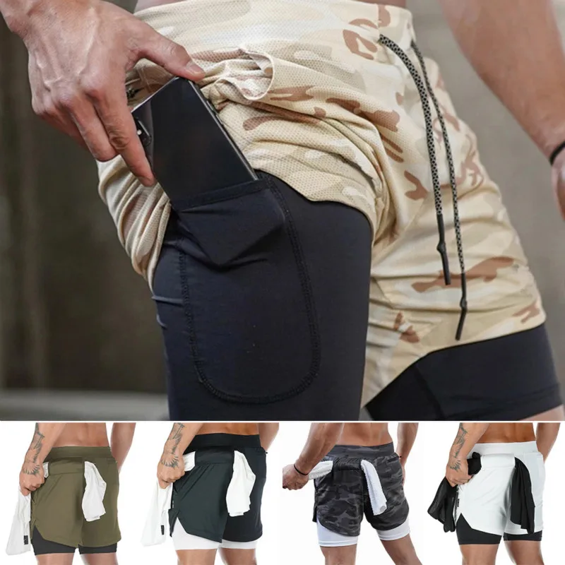 Multi-pocket dvigubo sluoksnio fitneso kelnės Veikia Šortai raumenų vyrai veikia šortai sporto atsitiktinis lauko prarasti dviratininkų šortai