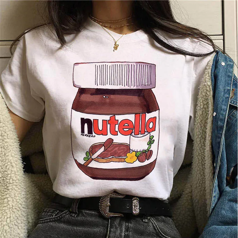 2021 m. Vasarą Naujų Nutella Spausdinti Marškinėliai Moterims 90-ųjų Harajuku Kawaii Mados T-shirt Grafikos Mielas Animacinių filmų Moterų Marškinėlius