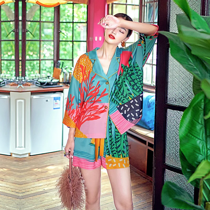 Asmeninį Spalvinga Augalų Kaip Šilko Pižama ilgomis Rankovėmis korėjos Stiliaus Satino Mados Atsitiktinis Homewear Pavasarį ir Rudenį Naujų 2021