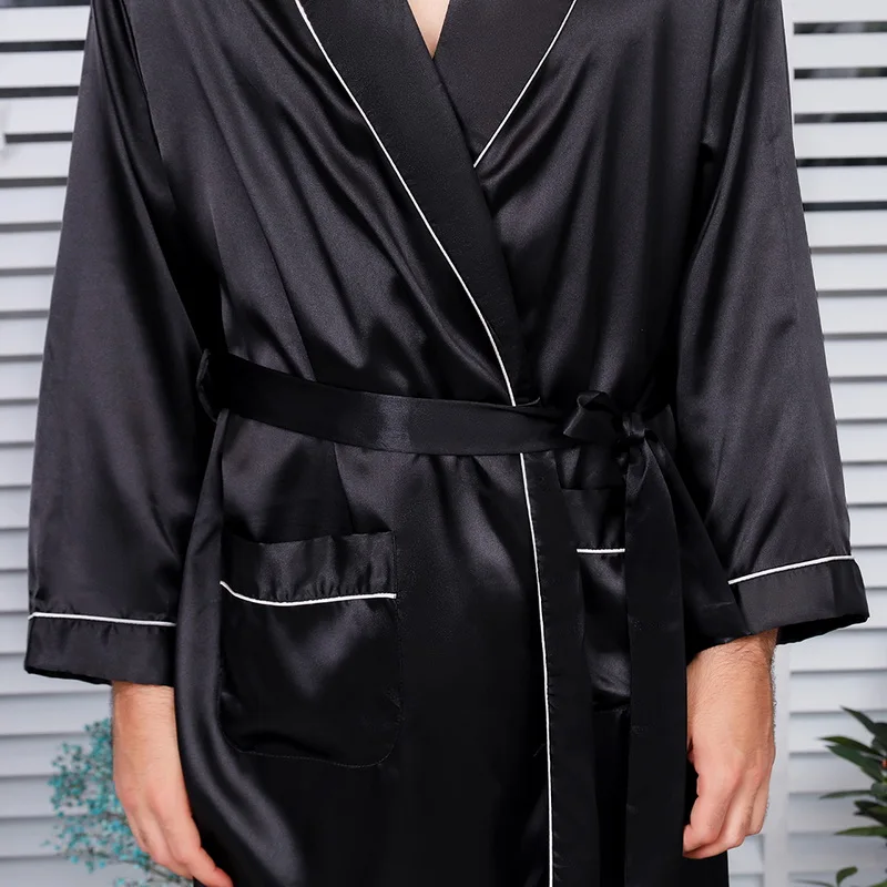 2021 Naujas Vyrų Black Lounge Sleepwear Dirbtiniais Šilko naktiniai drabužiai Vyrams Komfortą Šilkiniai Chalatai Kilnus Padažu Suknelė Vyrų Miego Rūbeliai