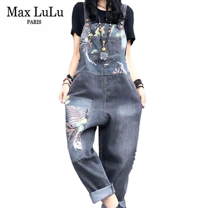 Max LuLu Europos Gatvės Stiliaus 2021 M. Vasarą Ponios Gėlių Spausdinti Džinsinis Kombinezonas Moterų Derliaus Laisvi Džinsai Mergaitė Kelnės Didelis Dydis