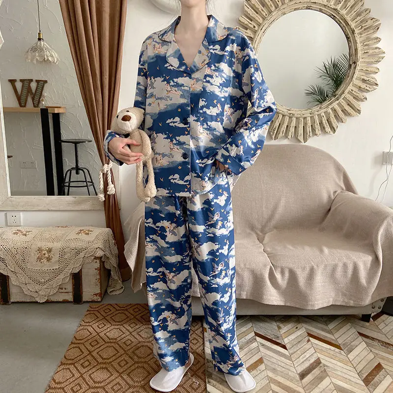 Kratinys Nėriniai Moterų Pajama Komplektai Elegantiškas Pavasarį Naujas Mados Laisvalaikio Korėjos Stiliaus Kasdien Spausdinami Pledas Sleepwear Minkštas Prašmatnus Puikus