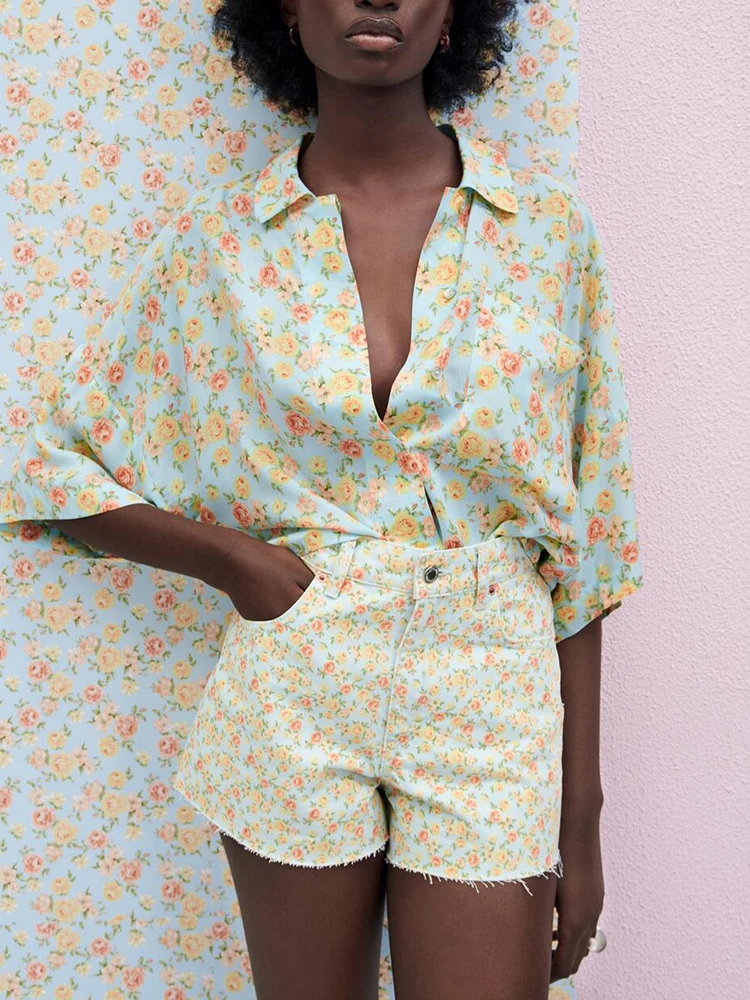 HWLZLTZHT Moterų Vasaros Gėlių Spausdinti Marškinėliai Pleistras Kišenė Asimetriškas Hem Vintage Marškinėliai Moteris Mados Mygtuką Iki Prarasti Viršūnes Mujer