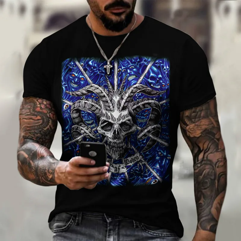 2021 m. Vasarą Karšto Viršuje Gatvės Mados Vyrai T-shirt Juoda Kaukolė Ragai 3D T-Shirt Vyrai yra Didelė Atsitiktinis Trumpas Laisvas Megztinis Marškinėliai