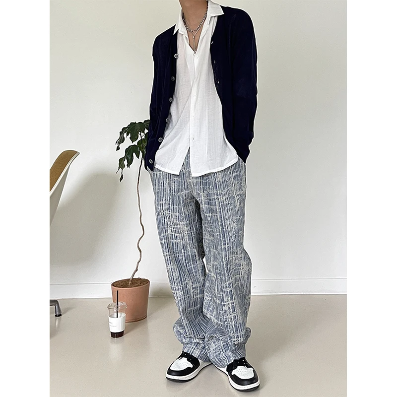 Korėjos Plataus kojų Džinsai Vyrų Mados Atsitiktinis Ruožas Juosmeniu Baggy Jeans Vyrams Streetwear Prarasti Hip-hop Tiesiai Džinsinio audinio Kelnės Vyrai