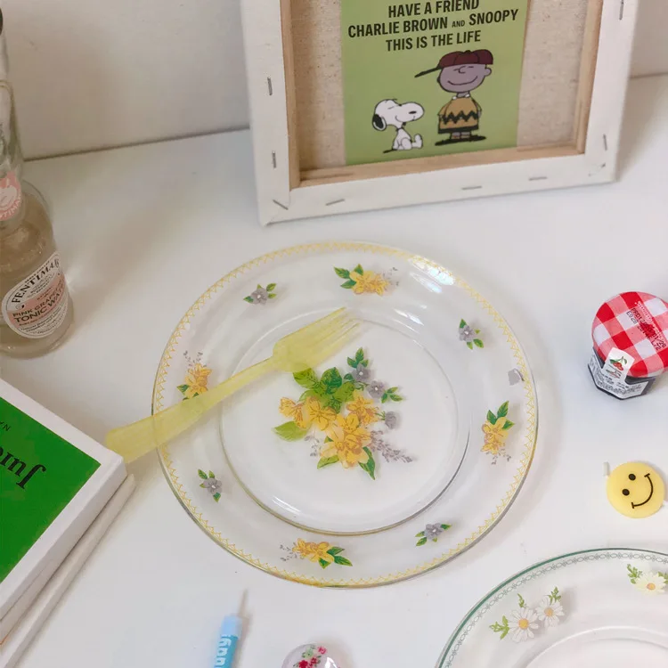 Korėjos INS Stiliaus Virtuvė Mažai Daisy Stiklo Plokštė Derliaus Mergina Širdies Gėlių Desertas Dim Sum Patiekalas Vaisių Salotos Vakarienė Plokštės