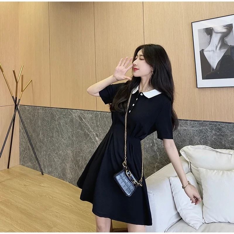 Korėjos Stiliaus Sundresses Moterims Vasaros 2021 Atsitiktinis prancūzijos Juoda Elegantiška Mini Suknelė Femles Dizaino Mygtuką Trumpas Rankovės Gotikos